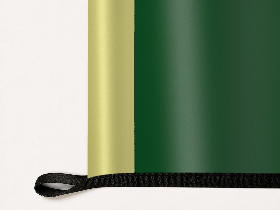 Colorado State Rams Authentic Gameday Flag underside and personalization construction view — continuous restrained woven-satin Colorado State Rams Accent header, textured Colorado State Rams Primary face, lower black loop and perimeter webbing — source_sha256=3721872358f2188e5091d87d5ab125f6de7da349d4c44b4f6d755af49dc0ebb4