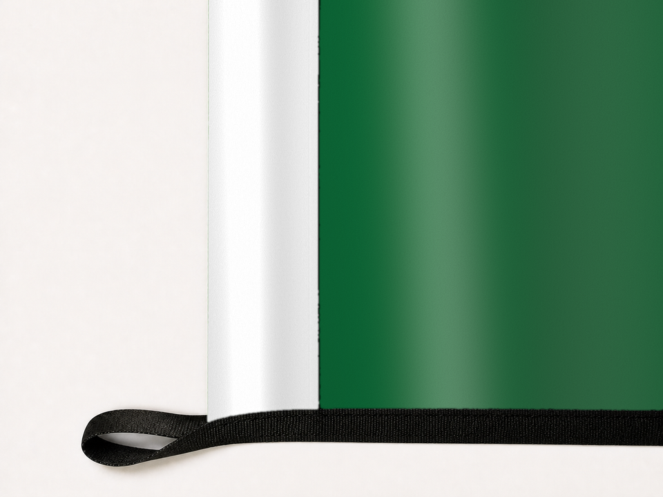 Eastern Michigan Eagles Authentic Gameday Flag underside and personalization construction view — continuous restrained woven-satin Eastern Michigan Eagles Accent header, textured Eastern Michigan Eagles Primary face, lower black loop and perimeter webbing — source_sha256=9e858d663f09d89db58f64304ea9b252b074291e82d01084992c6dfaa02fce45