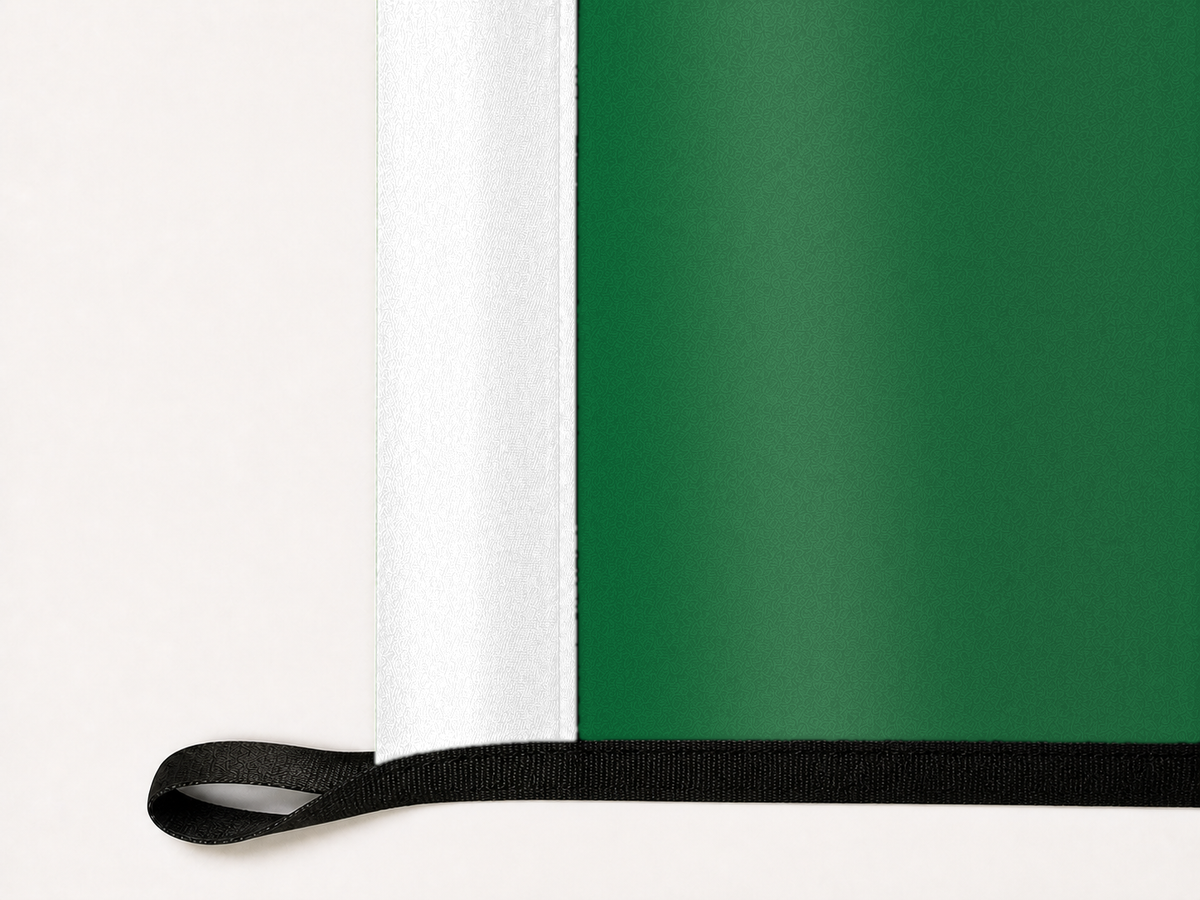 Eastern Michigan Eagles Authentic Gameday Flag underside and personalization construction view — continuous restrained woven-satin Eastern Michigan Eagles Accent header, textured Eastern Michigan Eagles Primary face, lower black loop and perimeter webbing — source_sha256=c424888549965c94fe86fa275eee72d79b771c84afbf0577ab6838a6e14659c9