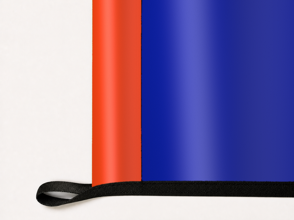 Florida Gators Authentic Gameday Flag underside and personalization construction view — continuous restrained woven-satin Florida Gators Accent header, textured Florida Gators Primary face, lower black loop and perimeter webbing — source_sha256=5d7ce0f140a761a22ddeb4e28af3007899b93e165687bc0fa7011c8b28029c40