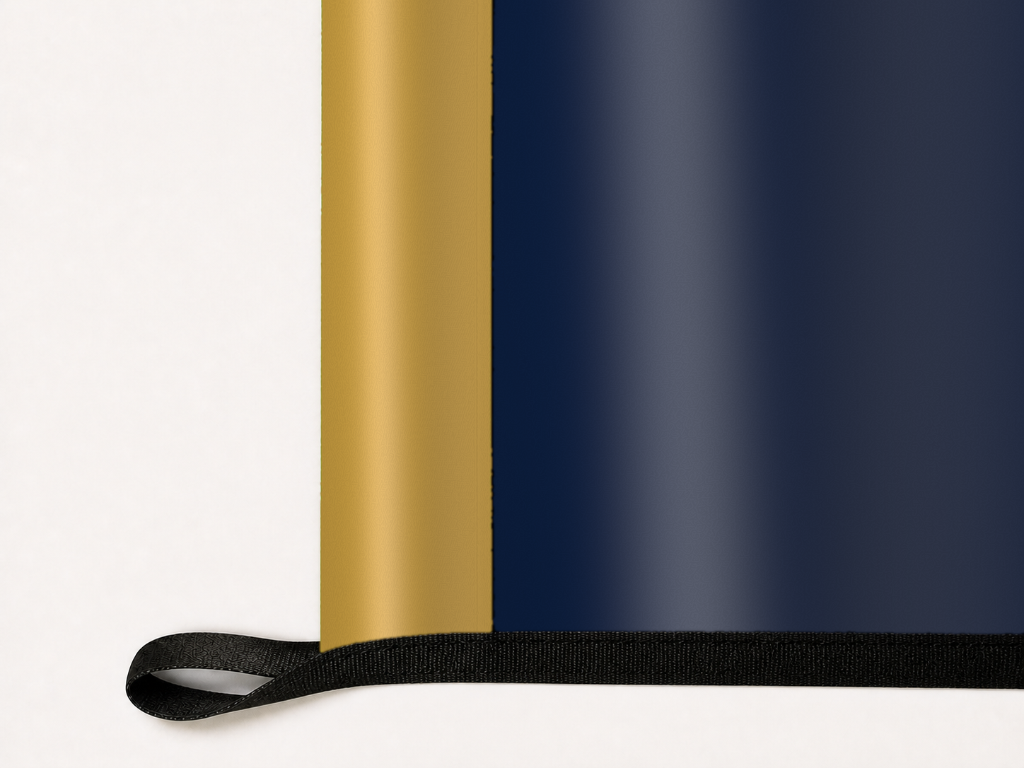 Florida International Panthers Authentic Gameday Flag underside and personalization construction view — continuous restrained woven-satin Florida International Panthers Accent header, textured Florida International Panthers Primary face, lower black loop and perimeter webbing — source_sha256=bcb8219074217e448691b367aac9fe7a01f0554f5be09b0d5ff5071779f24dd2