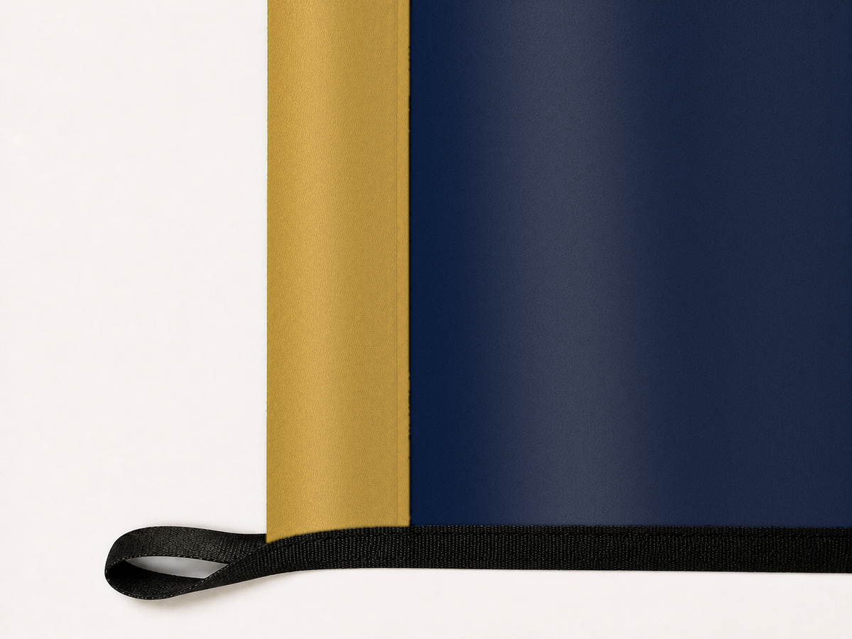 Florida International Panthers Authentic Gameday Flag underside and personalization construction view — continuous restrained woven-satin Florida International Panthers Accent header, textured Florida International Panthers Primary face, lower black loop and perimeter webbing — source_sha256=329595b334b8bba09953b90d982b52ae227f1ba0df4c6ac1aa34c47292d96023