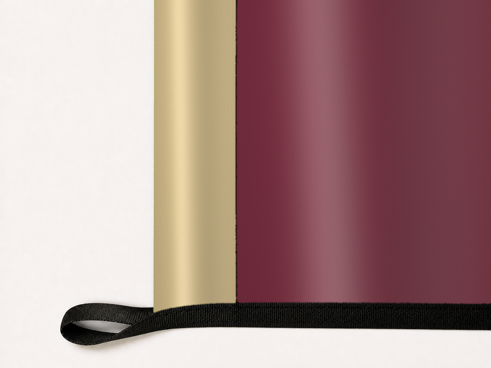 Florida State Seminoles Authentic Gameday Flag underside and personalization construction view — continuous restrained woven-satin Florida State Seminoles Accent header, textured Florida State Seminoles Primary face, lower black loop and perimeter webbing — source_sha256=8efdf21a5236b527e4fedda67f00530a5ff3156f3055ba3d2a286119fecbc16f