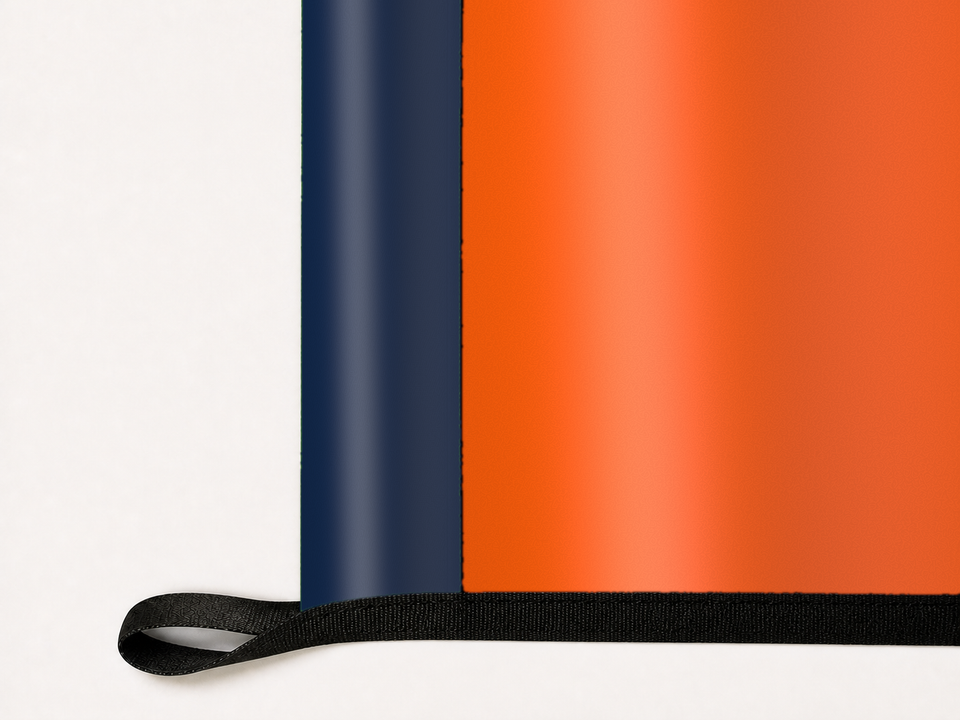 Illinois Fighting Illini Authentic Gameday Flag underside and personalization construction view — continuous restrained woven-satin Illinois Fighting Illini Accent header, textured Illinois Fighting Illini Primary face, lower black loop and perimeter webbing — source_sha256=638194ba83422a12feedc13a27803207a85d28e9e3bd68e1dc30ccab30670881