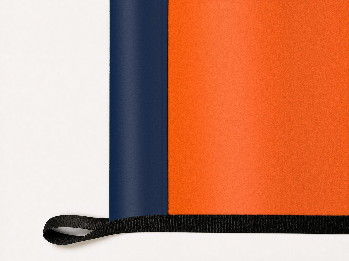 Illinois Fighting Illini Authentic Gameday Flag underside and personalization construction view — continuous restrained woven-satin Illinois Fighting Illini Accent header, textured Illinois Fighting Illini Primary face, lower black loop and perimeter webbing — source_sha256=3dc64491412f3ae506010b6000e214b2a91fbc3ab1a5c62140365b9ab766ad09
