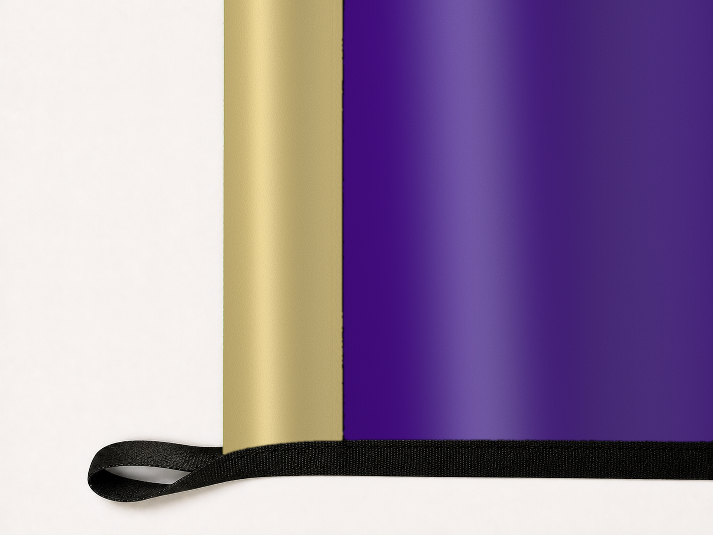 James Madison Dukes Authentic Gameday Flag underside and personalization construction view — continuous restrained woven-satin James Madison Dukes Accent header, textured James Madison Dukes Primary face, lower black loop and perimeter webbing — source_sha256=d54a1de09de5e6ee0fee7c9bb2273f1e32144caa1b47e02aabd747308ba8945c