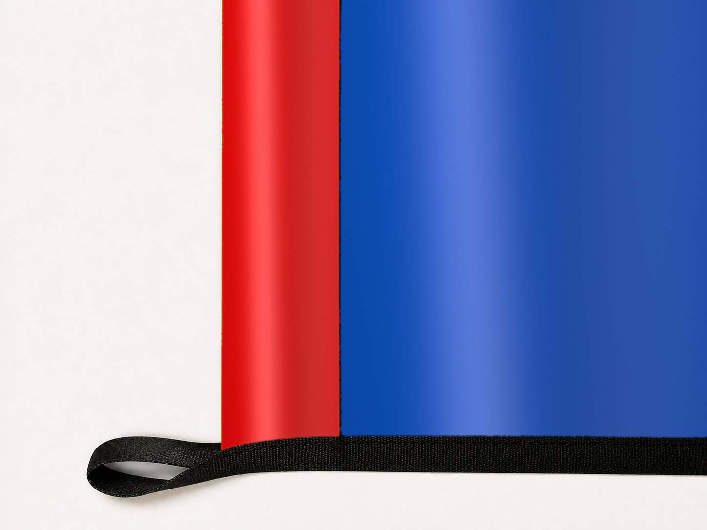 Kansas Jayhawks Authentic Gameday Flag underside and personalization construction view — continuous restrained woven-satin Kansas Jayhawks Accent header, textured Kansas Jayhawks Primary face, lower black loop and perimeter webbing — source_sha256=60b8ca37aba9715638082ee021b188fd1711bddbf1197c43d412aa79945f16cd
