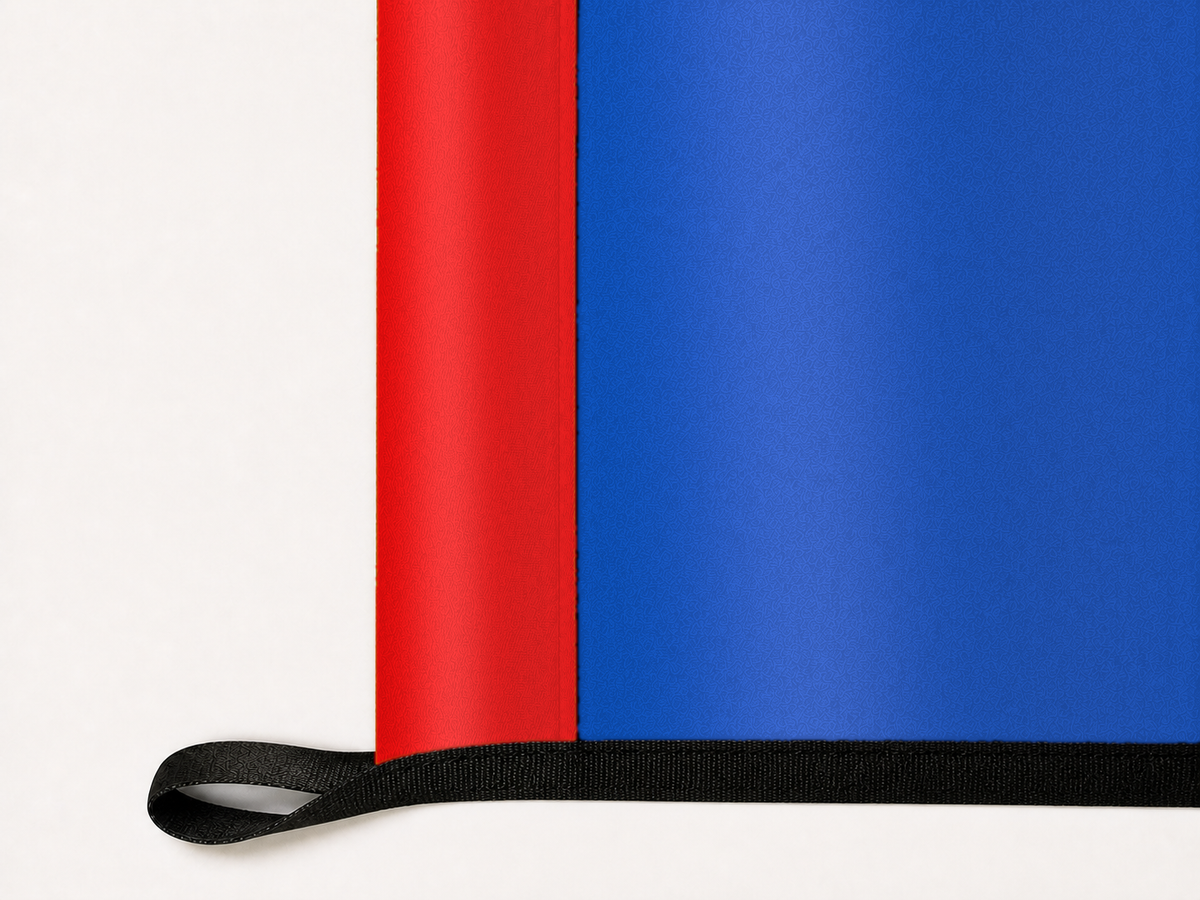 Kansas Jayhawks Authentic Gameday Flag underside and personalization construction view — continuous restrained woven-satin Kansas Jayhawks Accent header, textured Kansas Jayhawks Primary face, lower black loop and perimeter webbing — source_sha256=5c5edd3ad3c6dc7128629f6bea8bfae1c972cdca3d7b2905ac0a3dd0aa2af2d6