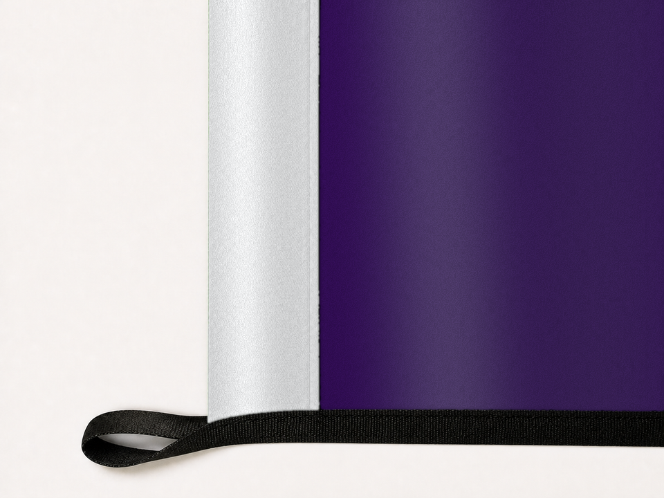 Kansas State Wildcats Authentic Gameday Flag underside and personalization construction view — continuous restrained woven-satin Kansas State Wildcats Accent header, textured Kansas State Wildcats Primary face, lower black loop and perimeter webbing — source_sha256=0d01b323e77104f7ccd14d4900932282553a1c32724ce8b2ff84b270ea31dbd8