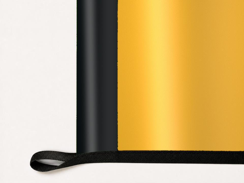 Kennesaw State Owls Authentic Gameday Flag underside and personalization construction view — continuous restrained woven-satin Kennesaw State Owls Accent header, textured Kennesaw State Owls Primary face, lower black loop and perimeter webbing — source_sha256=19b2dd295d504d4113ad989b1042694cf47e6ae7d7f08e41681f4e6df11a2f0f