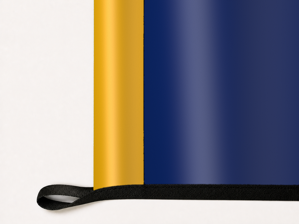 Kent State Golden Flashes Authentic Gameday Flag underside and personalization construction view — continuous restrained woven-satin Kent State Golden Flashes Accent header, textured Kent State Golden Flashes Primary face, lower black loop and perimeter webbing — source_sha256=183db0c48cee03bcfaf0ee50dedf7c08ab8cbb2c37a4fde59c616fc7901d2ba6