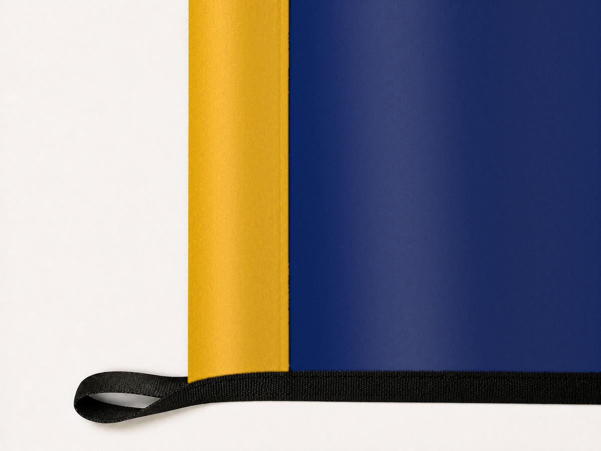 Kent State Golden Flashes Authentic Gameday Flag underside and personalization construction view — continuous restrained woven-satin Kent State Golden Flashes Accent header, textured Kent State Golden Flashes Primary face, lower black loop and perimeter webbing — source_sha256=c9eef7ceec3fb4698864d22116cea191fbcd9c63a267a4c82ebcd91621c2fbd3