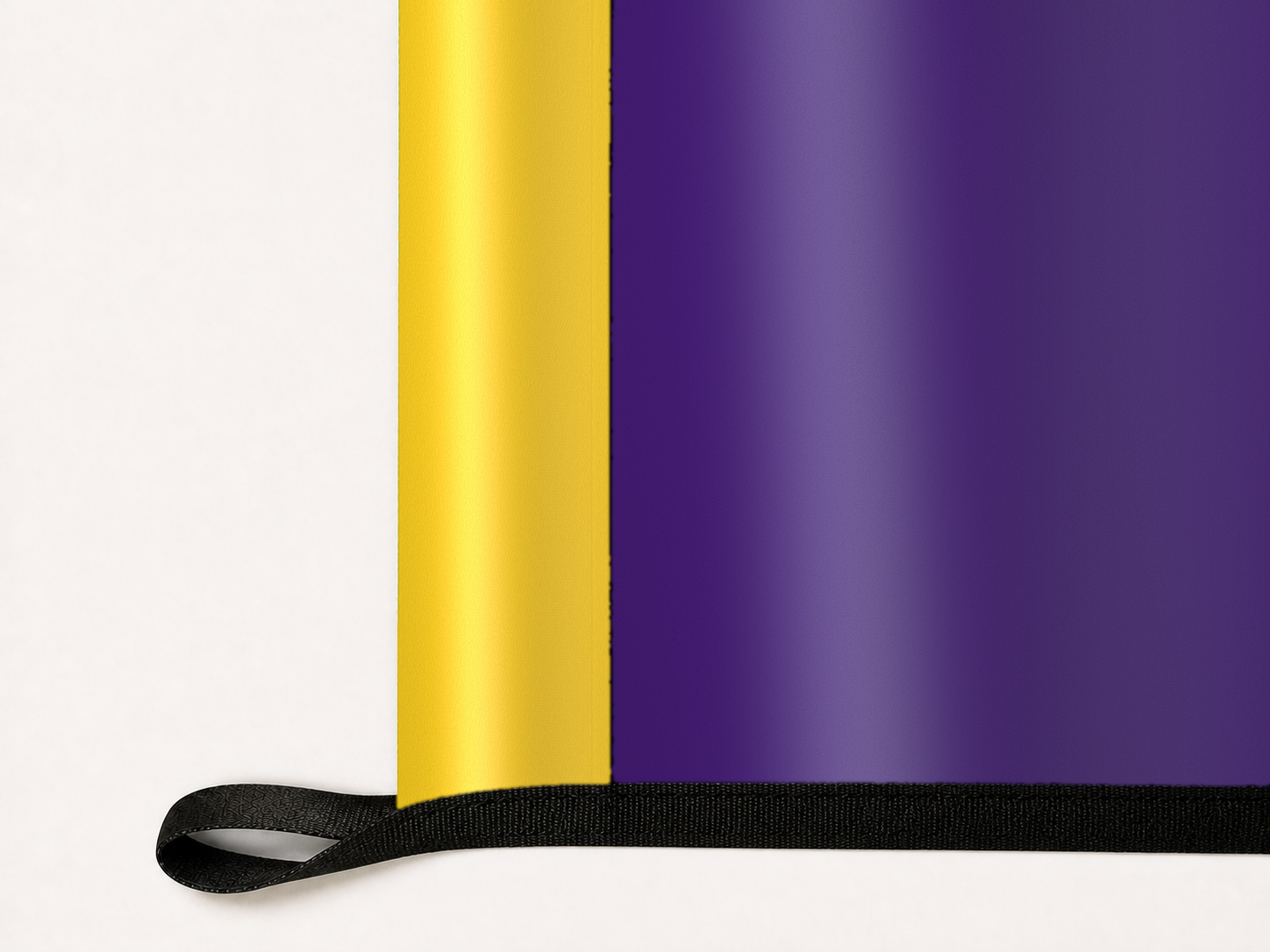 LSU Tigers Authentic Gameday Flag underside and personalization construction view — continuous restrained woven-satin LSU Tigers Accent header, textured LSU Tigers Primary face, lower black loop and perimeter webbing — source_sha256=66836fc1700c43418d2644f4bef6dd6b9d97bb2886bf03e934e24f7585a7be31