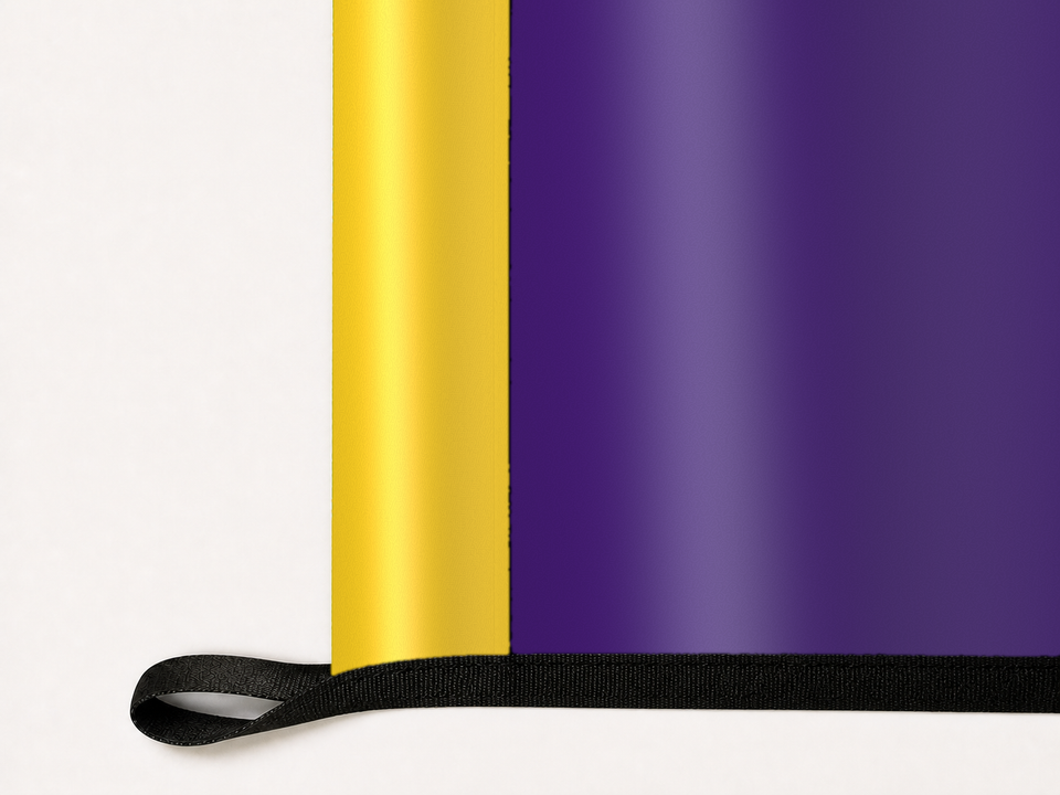 LSU Tigers Authentic Gameday Flag underside and personalization construction view — continuous restrained woven-satin LSU Tigers Accent header, textured LSU Tigers Primary face, lower black loop and perimeter webbing — source_sha256=66836fc1700c43418d2644f4bef6dd6b9d97bb2886bf03e934e24f7585a7be31