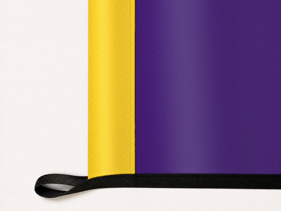 LSU Tigers Authentic Gameday Flag underside and personalization construction view — continuous restrained woven-satin LSU Tigers Accent header, textured LSU Tigers Primary face, lower black loop and perimeter webbing — source_sha256=c4693656143894849e2e248405afd539ef1b2c51e0382be6fc987f2cecd8400d