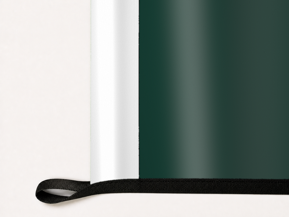 Michigan State Spartans Authentic Gameday Flag underside and personalization construction view — continuous restrained woven-satin Michigan State Spartans Accent header, textured Michigan State Spartans Primary face, lower black loop and perimeter webbing — source_sha256=6dc1e26a179180d6f4db851e2ca3b8e63e71c0415252b06a126710d227dd379e