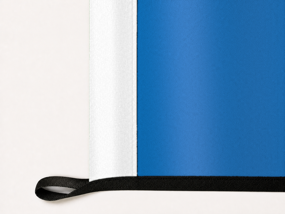 Middle Tennessee Blue Raiders Authentic Gameday Flag underside and personalization construction view — continuous restrained woven-satin Middle Tennessee Blue Raiders Accent header, textured Middle Tennessee Blue Raiders Primary face, lower black loop and perimeter webbing — source_sha256=83dd2d57c30e697ff2e81108c08bd7da2331dd613a214730d7bfd62b9f056dfd