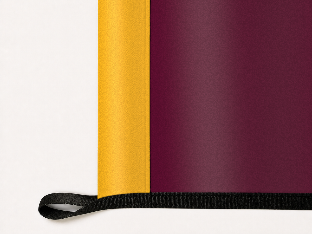 Minnesota Golden Gophers Authentic Gameday Flag underside and personalization construction view — continuous restrained woven-satin Minnesota Golden Gophers Accent header, textured Minnesota Golden Gophers Primary face, lower black loop and perimeter webbing — source_sha256=3486b67ae6e6d3fc4f95797d954c08cbca05086db269427c26b2047cbb664439