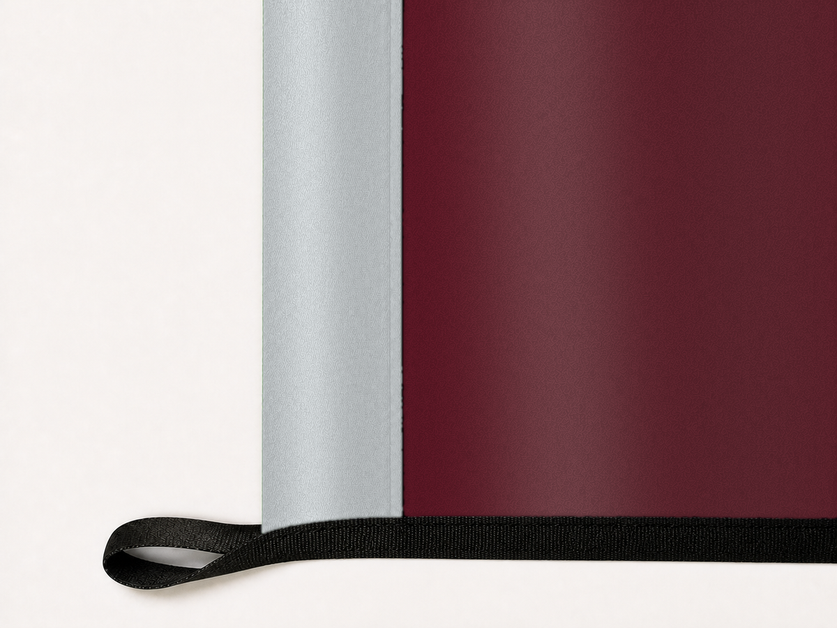 Mississippi State Bulldogs Authentic Gameday Flag underside and personalization construction view — continuous restrained woven-satin Mississippi State Bulldogs Accent header, textured Mississippi State Bulldogs Primary face, lower black loop and perimeter webbing — source_sha256=4c75b1b5243ed8cd2e3e84b037dd2f6e66bba6a8466f4392259a4685963de763