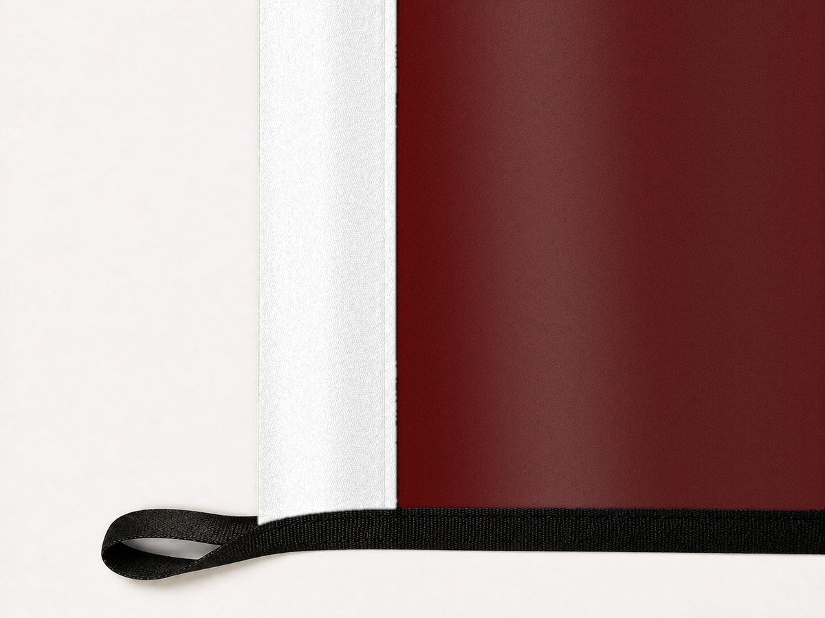 Missouri State Bears Authentic Gameday Flag underside and personalization construction view — continuous restrained woven-satin Missouri State Bears Accent header, textured Missouri State Bears Primary face, lower black loop and perimeter webbing — source_sha256=5052ce614ba1eb5860cde58a2be26e482375894998485a2849ab8930922e4a37