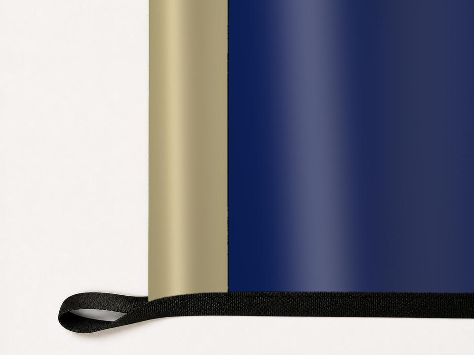Navy Midshipmen Authentic Gameday Flag underside and personalization construction view — continuous restrained woven-satin Navy Midshipmen Accent header, textured Navy Midshipmen Primary face, lower black loop and perimeter webbing — source_sha256=611307e544c3c79084fbf8430590aa0fbf31a335261893163e19ed6cc2d820c4