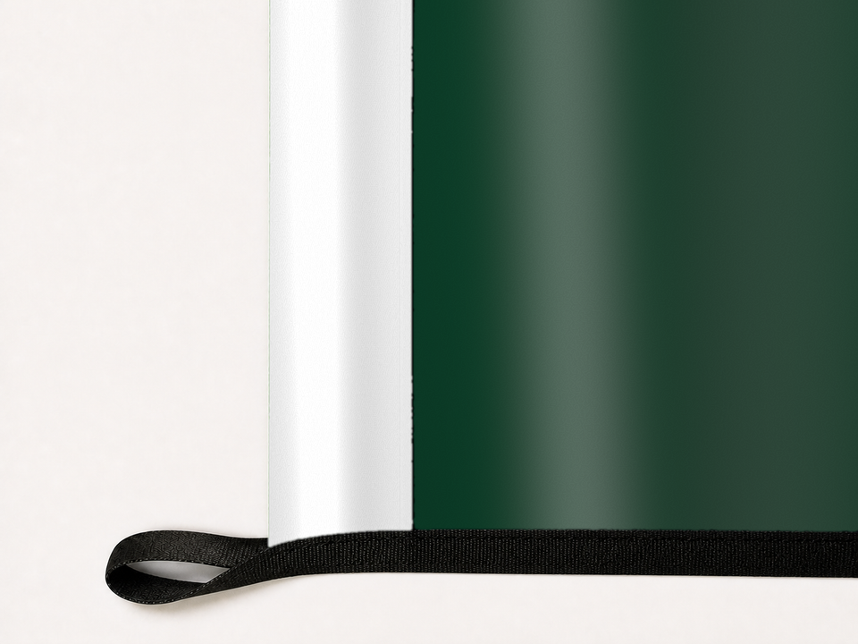North Dakota State Bison Authentic Gameday Flag underside and personalization construction view — continuous restrained woven-satin North Dakota State Bison Accent header, textured North Dakota State Bison Primary face, lower black loop and perimeter webbing — source_sha256=aac4639ba232a5bb120c9bbd186c3acaf2f906479ce0976013f4362779e8a190