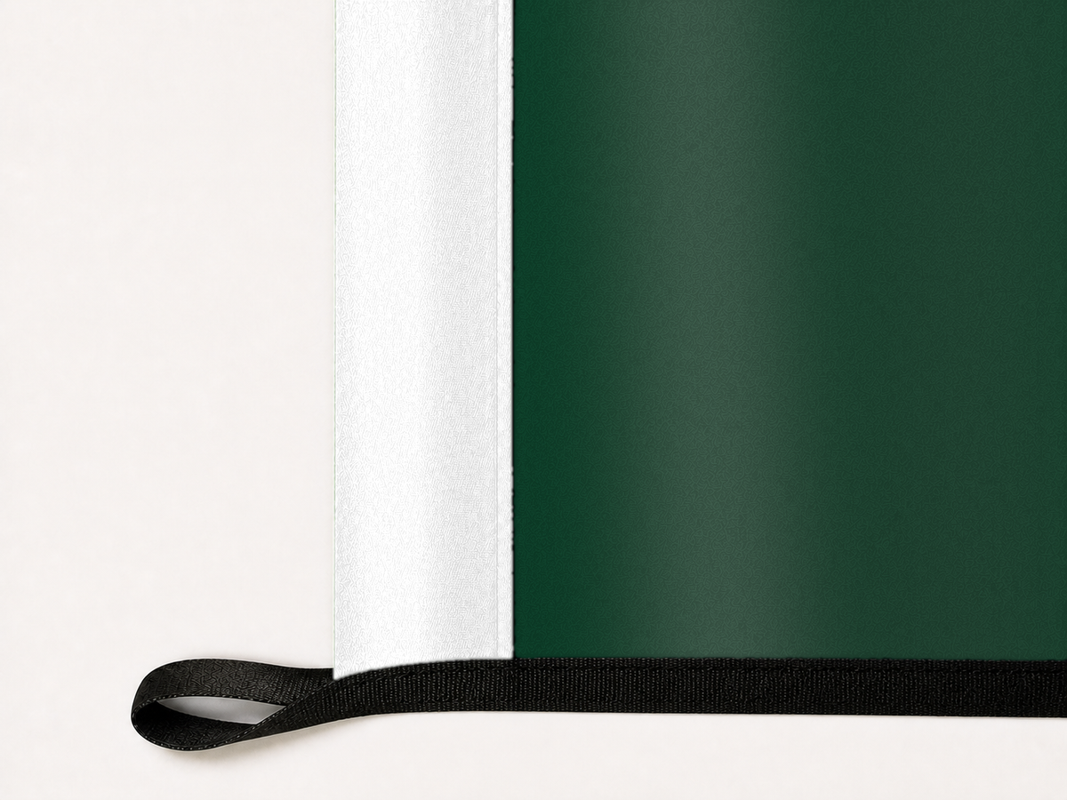 North Dakota State Bison Authentic Gameday Flag underside and personalization construction view — continuous restrained woven-satin North Dakota State Bison Accent header, textured North Dakota State Bison Primary face, lower black loop and perimeter webbing — source_sha256=733185d6856045c2150fd2617c4a54ce12ec7257adbe25be9bd9e4ed62e16758