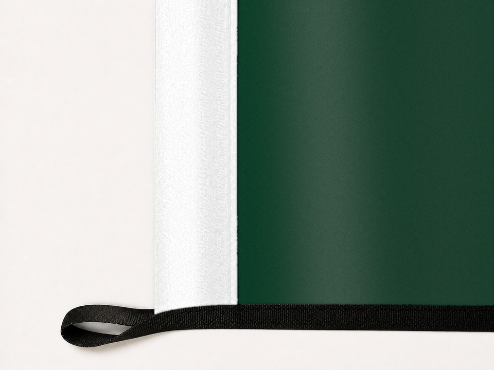 North Dakota State Bison Authentic Gameday Flag underside and personalization construction view — continuous restrained woven-satin North Dakota State Bison Accent header, textured North Dakota State Bison Primary face, lower black loop and perimeter webbing — source_sha256=733185d6856045c2150fd2617c4a54ce12ec7257adbe25be9bd9e4ed62e16758