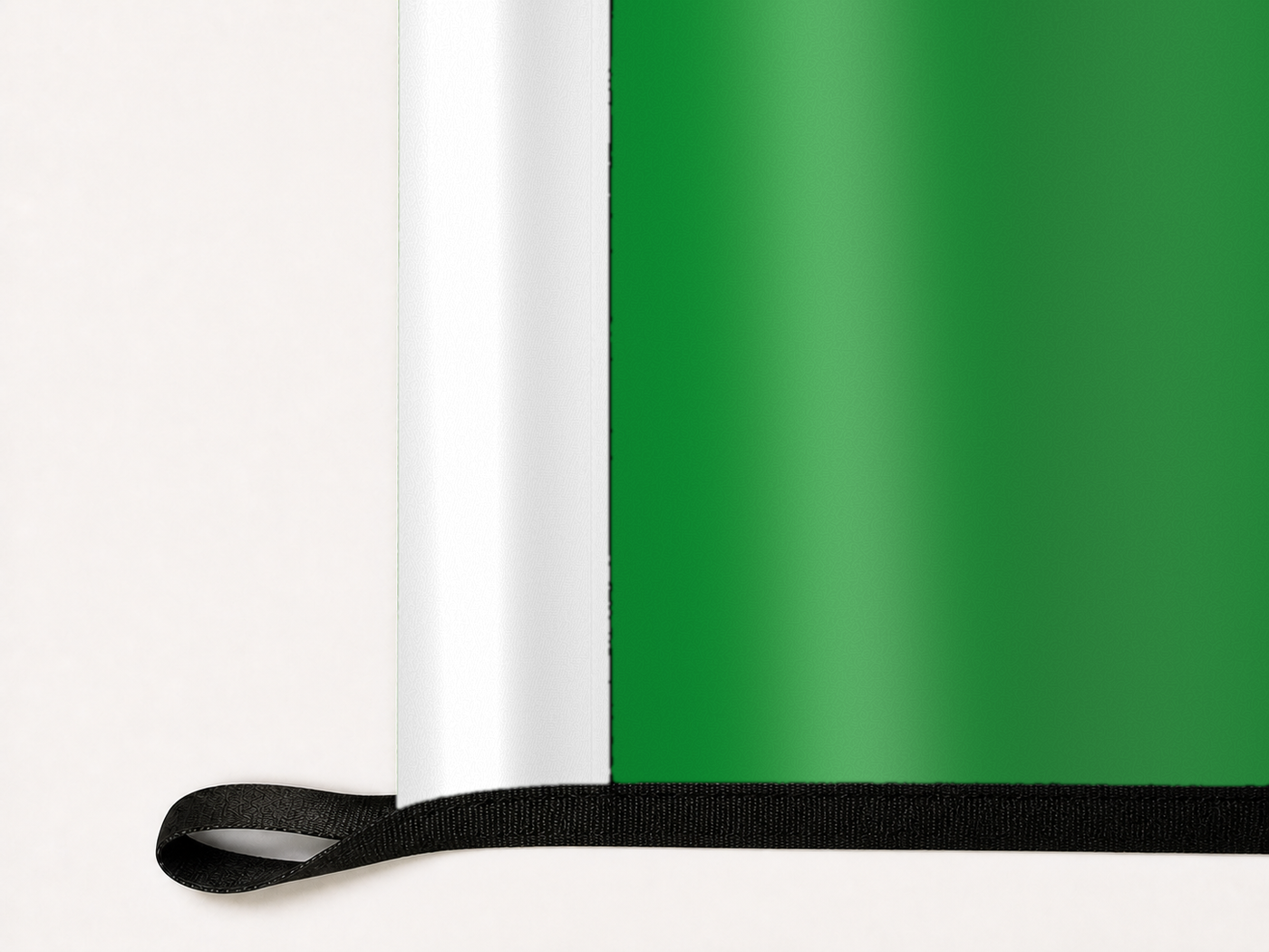 North Texas Mean Green Authentic Gameday Flag underside and personalization construction view — continuous restrained woven-satin North Texas Mean Green Accent header, textured North Texas Mean Green Primary face, lower black loop and perimeter webbing — source_sha256=7024cd8826fbe79342c9bf793eaed906c88cafeb722c9858ab64e86b96cb8ede