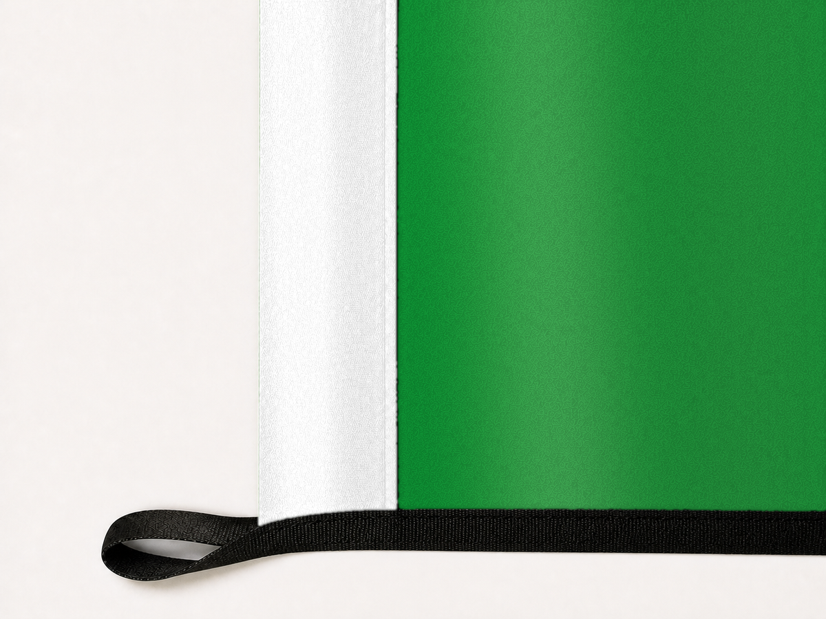 North Texas Mean Green Authentic Gameday Flag underside and personalization construction view — continuous restrained woven-satin North Texas Mean Green Accent header, textured North Texas Mean Green Primary face, lower black loop and perimeter webbing — source_sha256=dfd991908e11cb7f5aa8ab2d8d8a20b301ec77d160f73cd3857c9a5b397e68ea