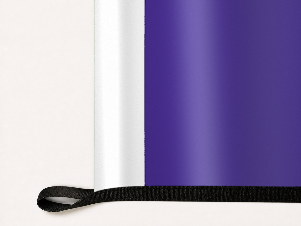 Northwestern Wildcats Authentic Gameday Flag underside and personalization construction view — continuous restrained woven-satin Northwestern Wildcats Accent header, textured Northwestern Wildcats Primary face, lower black loop and perimeter webbing — source_sha256=434c4582a1eadad0ac5fd96a2804bfd49845040b6a0da6d614b4ce175de87aec