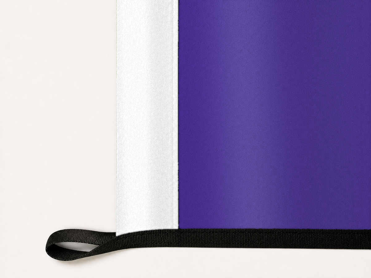 Northwestern Wildcats Authentic Gameday Flag underside and personalization construction view — continuous restrained woven-satin Northwestern Wildcats Accent header, textured Northwestern Wildcats Primary face, lower black loop and perimeter webbing — source_sha256=c6f76f98cae9067132d658c8aa26dbb07e07824959284509233ce781206d0a2f