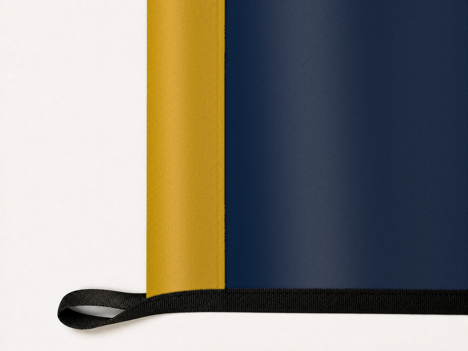 Notre Dame Fighting Irish Authentic Gameday Flag underside and personalization construction view — continuous restrained woven-satin Notre Dame Fighting Irish Accent header, textured Notre Dame Fighting Irish Primary face, lower black loop and perimeter webbing — source_sha256=1b744df0446ff033f96c4d23f9cc730de9de48294d2e1ef34b6d896895b3a316