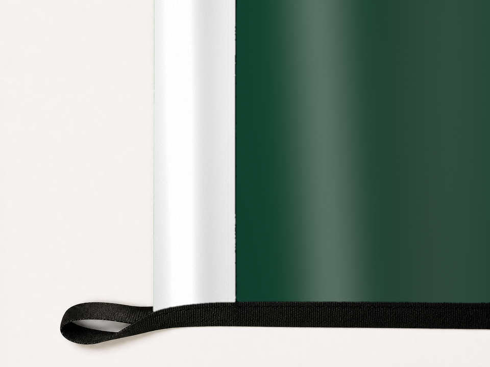 Ohio Bobcats Authentic Gameday Flag underside and personalization construction view — continuous restrained woven-satin Ohio Bobcats Accent header, textured Ohio Bobcats Primary face, lower black loop and perimeter webbing — source_sha256=7398ea014f711442bc048819f1837969cab8317804d3838d3442b500f0a45e79