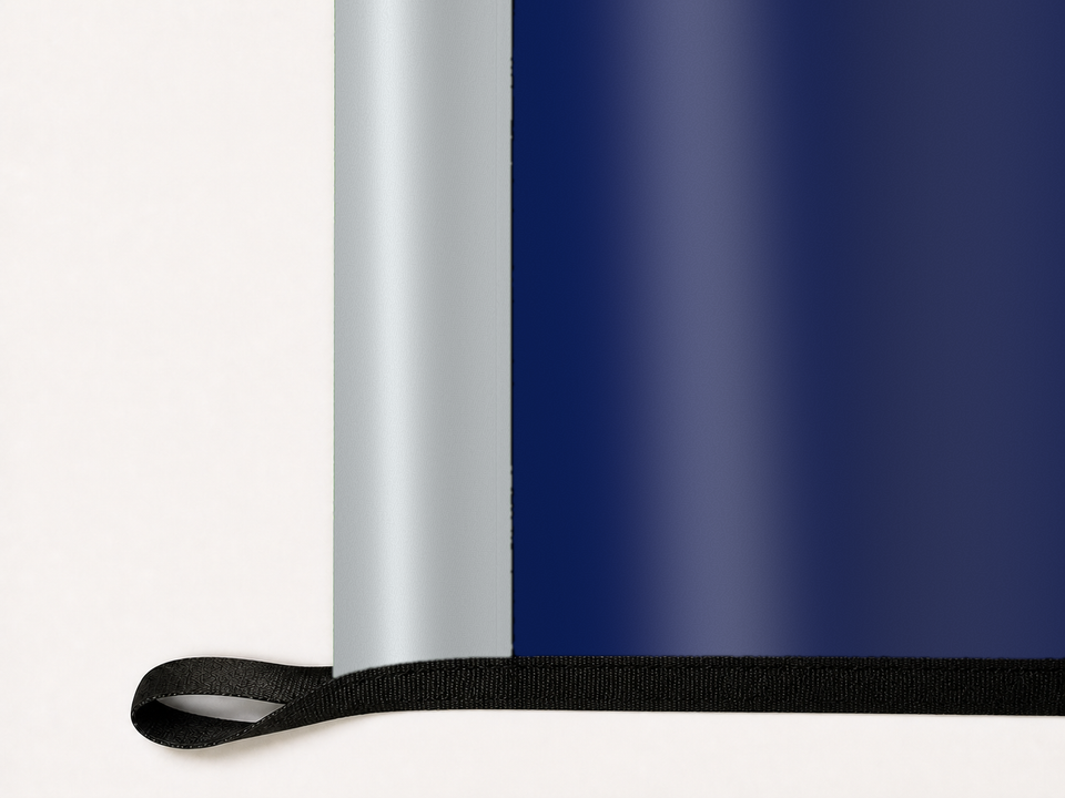 Rice Owls Authentic Gameday Flag underside and personalization construction view — continuous restrained woven-satin Rice Owls Accent header, textured Rice Owls Primary face, lower black loop and perimeter webbing — source_sha256=eb45d1c4222f46a84e939c978ea40d30b449609d22ed45376b86c9d7f2c87a2a