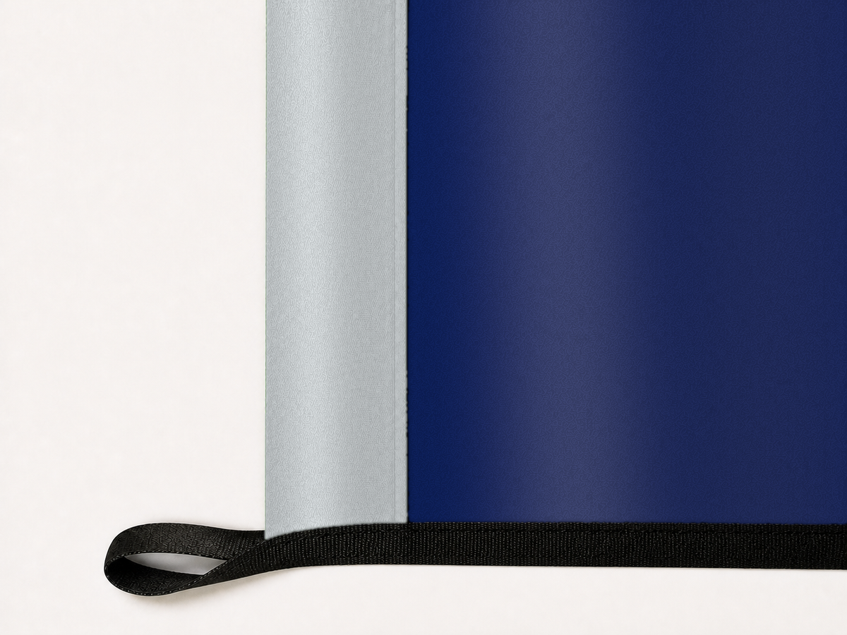 Rice Owls Authentic Gameday Flag underside and personalization construction view — continuous restrained woven-satin Rice Owls Accent header, textured Rice Owls Primary face, lower black loop and perimeter webbing — source_sha256=b4af8c1494eca09bb335765cefb4b5b1f7fc0dc6d759bf1d0179f1d0c3bdc294