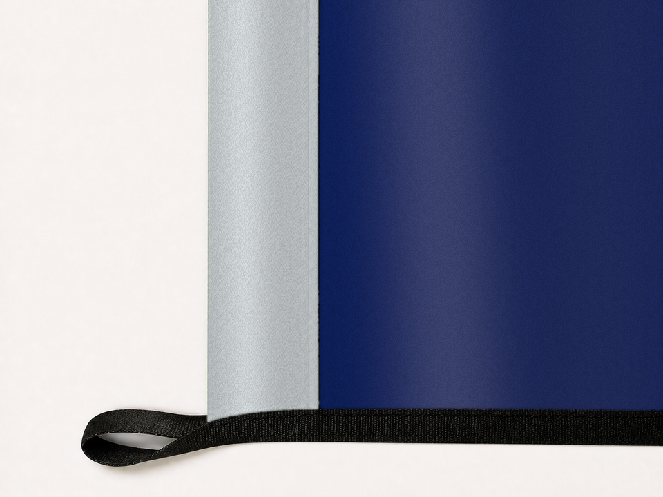 Rice Owls Authentic Gameday Flag underside and personalization construction view — continuous restrained woven-satin Rice Owls Accent header, textured Rice Owls Primary face, lower black loop and perimeter webbing — source_sha256=b4af8c1494eca09bb335765cefb4b5b1f7fc0dc6d759bf1d0179f1d0c3bdc294