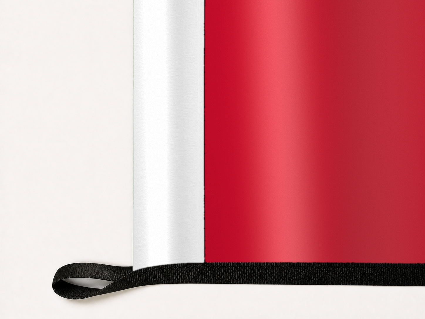 Rutgers Scarlet Knights Authentic Gameday Flag underside and personalization construction view — continuous restrained woven-satin Rutgers Scarlet Knights Accent header, textured Rutgers Scarlet Knights Primary face, lower black loop and perimeter webbing — source_sha256=308c99c518c0b56fc39ab9ad211fb1e48d705bb9335f611a0c78a6d375adce4c