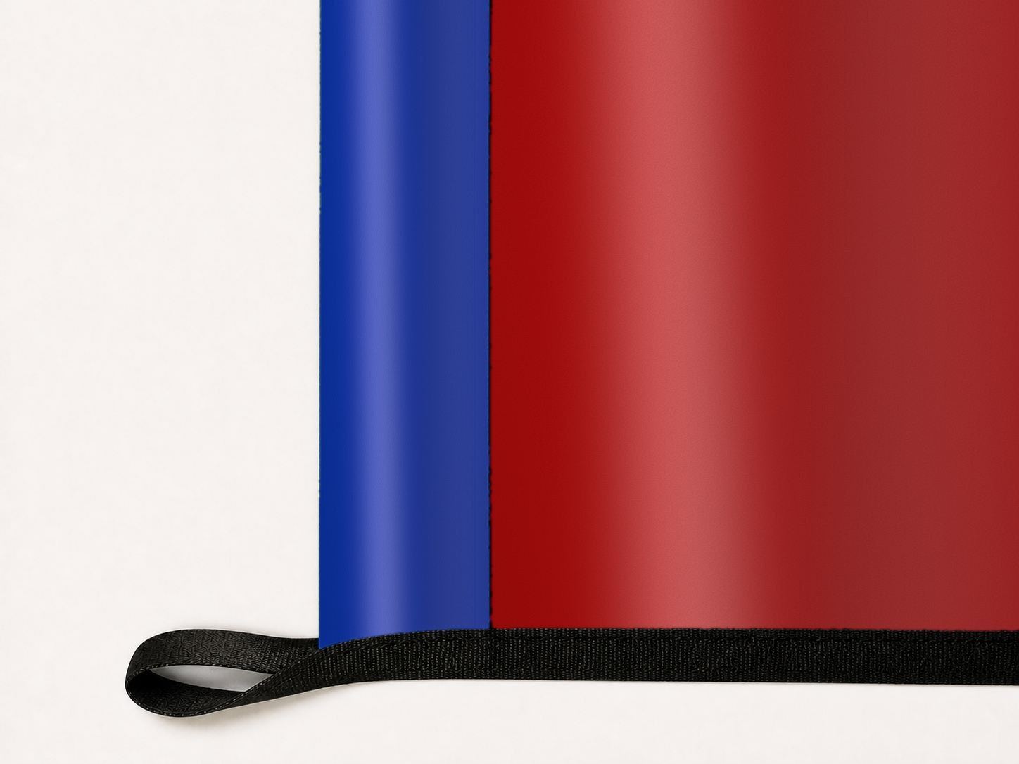 SMU Mustangs Authentic Gameday Flag underside and personalization construction view — continuous restrained woven-satin SMU Mustangs Accent header, textured SMU Mustangs Primary face, lower black loop and perimeter webbing — source_sha256=8b056aec47895f65405103bf8d17080e83dff49513759ec54954a85d6bea8a91
