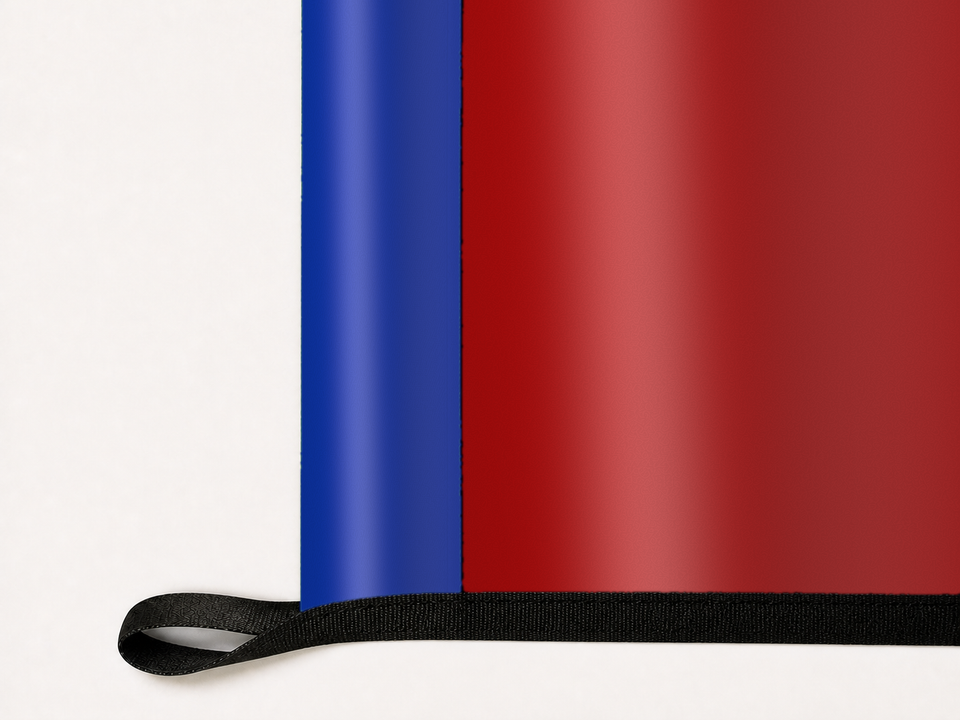 SMU Mustangs Authentic Gameday Flag underside and personalization construction view — continuous restrained woven-satin SMU Mustangs Accent header, textured SMU Mustangs Primary face, lower black loop and perimeter webbing — source_sha256=8b056aec47895f65405103bf8d17080e83dff49513759ec54954a85d6bea8a91
