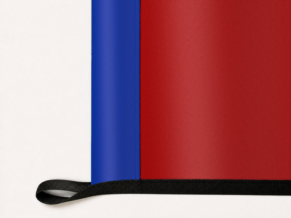 SMU Mustangs Authentic Gameday Flag underside and personalization construction view — continuous restrained woven-satin SMU Mustangs Accent header, textured SMU Mustangs Primary face, lower black loop and perimeter webbing — source_sha256=ccd9a137ac1b92063f4b109eaae4fc891a42ac0625619069e9f58048b76aeaa0