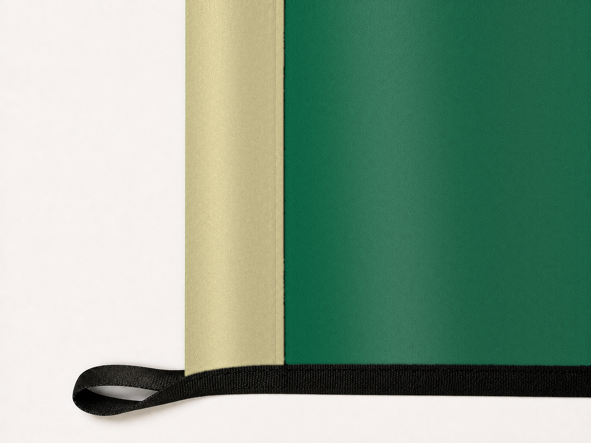 South Florida Bulls Authentic Gameday Flag underside and personalization construction view — continuous restrained woven-satin South Florida Bulls Accent header, textured South Florida Bulls Primary face, lower black loop and perimeter webbing — source_sha256=feb43bdc5e1c12708197518a0fc9886f4f5d551812d8e1d7c170a86bd8bf171d