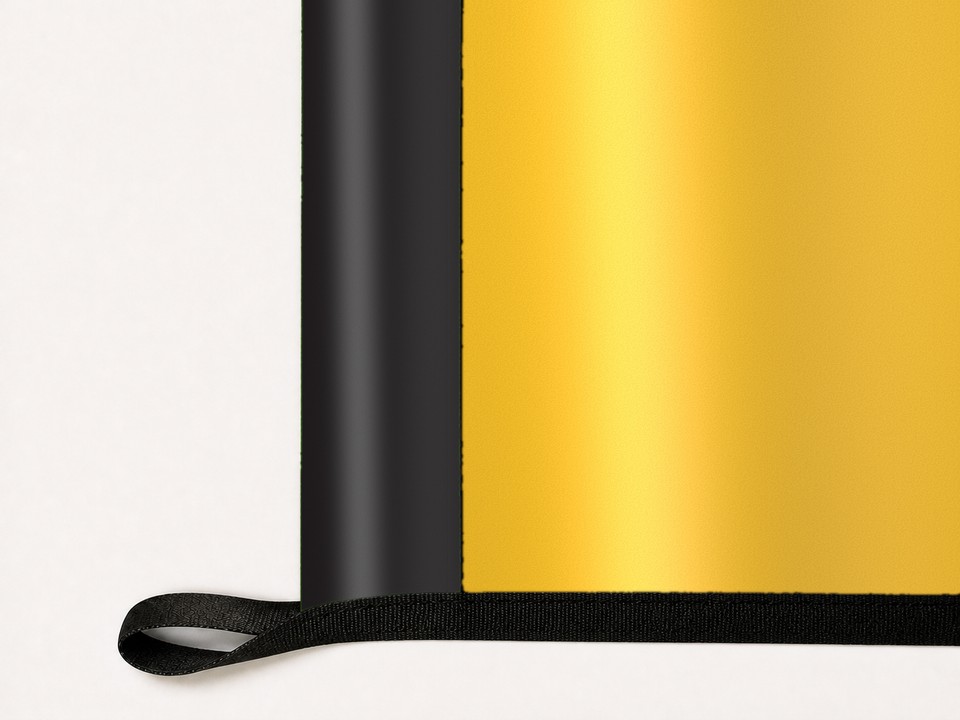 Southern Miss Golden Eagles Authentic Gameday Flag underside and personalization construction view — continuous restrained woven-satin Southern Miss Golden Eagles Accent header, textured Southern Miss Golden Eagles Primary face, lower black loop and perimeter webbing — source_sha256=fe194f720483bbeec42878507fccaf3640a74234280cd17aad5c386fcb1ba465