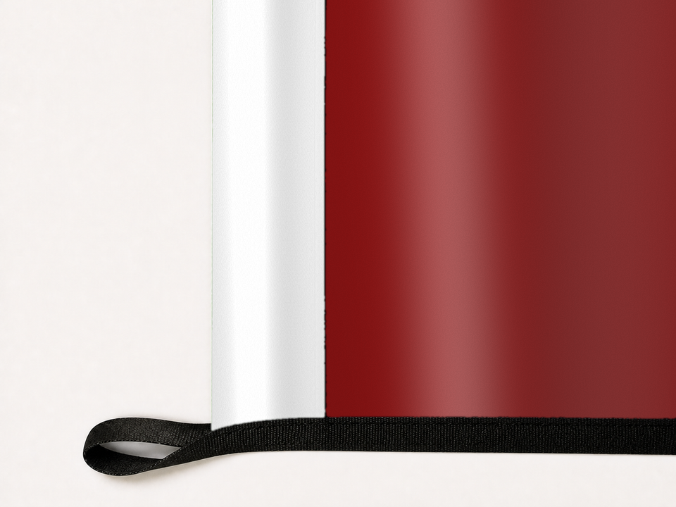 Stanford Cardinal Authentic Gameday Flag underside and personalization construction view — continuous restrained woven-satin Stanford Cardinal Accent header, textured Stanford Cardinal Primary face, lower black loop and perimeter webbing — source_sha256=c16e50e5eb89de631930be048d2680f6c30257f2036d4107a1e5c0cee51e1f50