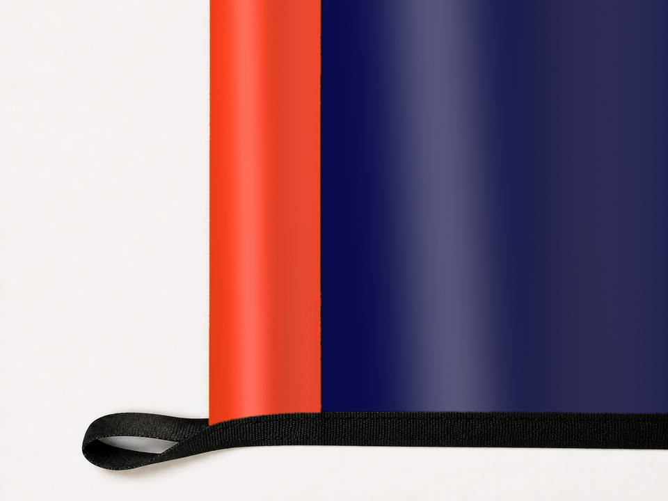 Syracuse Orange Authentic Gameday Flag underside and personalization construction view — continuous restrained woven-satin Syracuse Orange Accent header, textured Syracuse Orange Primary face, lower black loop and perimeter webbing — source_sha256=7da6843d0ec0aae66e6330fd847ba3e28b310aa30f105929813ecf30e49607e4