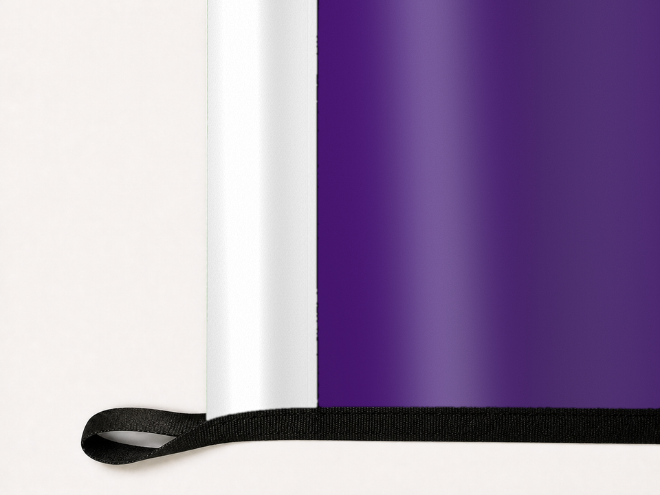 TCU Horned Frogs Authentic Gameday Flag underside and personalization construction view — continuous restrained woven-satin TCU Horned Frogs Accent header, textured TCU Horned Frogs Primary face, lower black loop and perimeter webbing — source_sha256=3068c6a5574f373e1ab6eaf23b967dd245aed1de0a0a802d4ada3c316f47294f