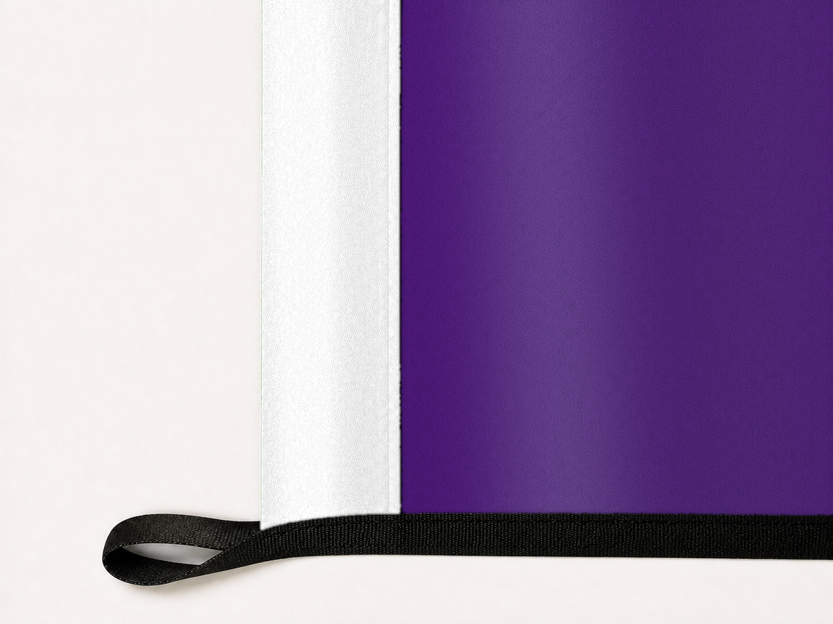 TCU Horned Frogs Authentic Gameday Flag underside and personalization construction view — continuous restrained woven-satin TCU Horned Frogs Accent header, textured TCU Horned Frogs Primary face, lower black loop and perimeter webbing — source_sha256=59ff92964c6ae550f772b5b5dec54cc9fad7ef0521cd598eac0bad33877d1b5d