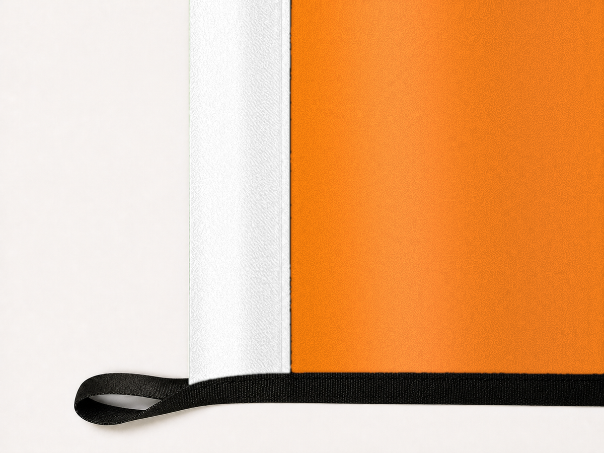 Tennessee Volunteers Authentic Gameday Flag underside and personalization construction view — continuous restrained woven-satin Tennessee Volunteers Accent header, textured Tennessee Volunteers Primary face, lower black loop and perimeter webbing — source_sha256=741186ae8f5623f27cf4fab8b5dcc03045d9e4fbaf005d684f878709ecb273df