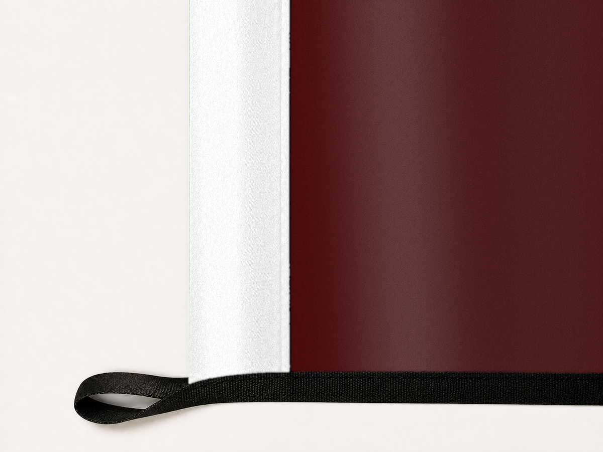 Texas A&M Aggies Authentic Gameday Flag underside and personalization construction view — continuous restrained woven-satin Texas A&M Aggies Accent header, textured Texas A&M Aggies Primary face, lower black loop and perimeter webbing — source_sha256=4451dc75d6e3e5c788ec200c1fddef5ba4666ee76da7ed02816a993e0f99fb29