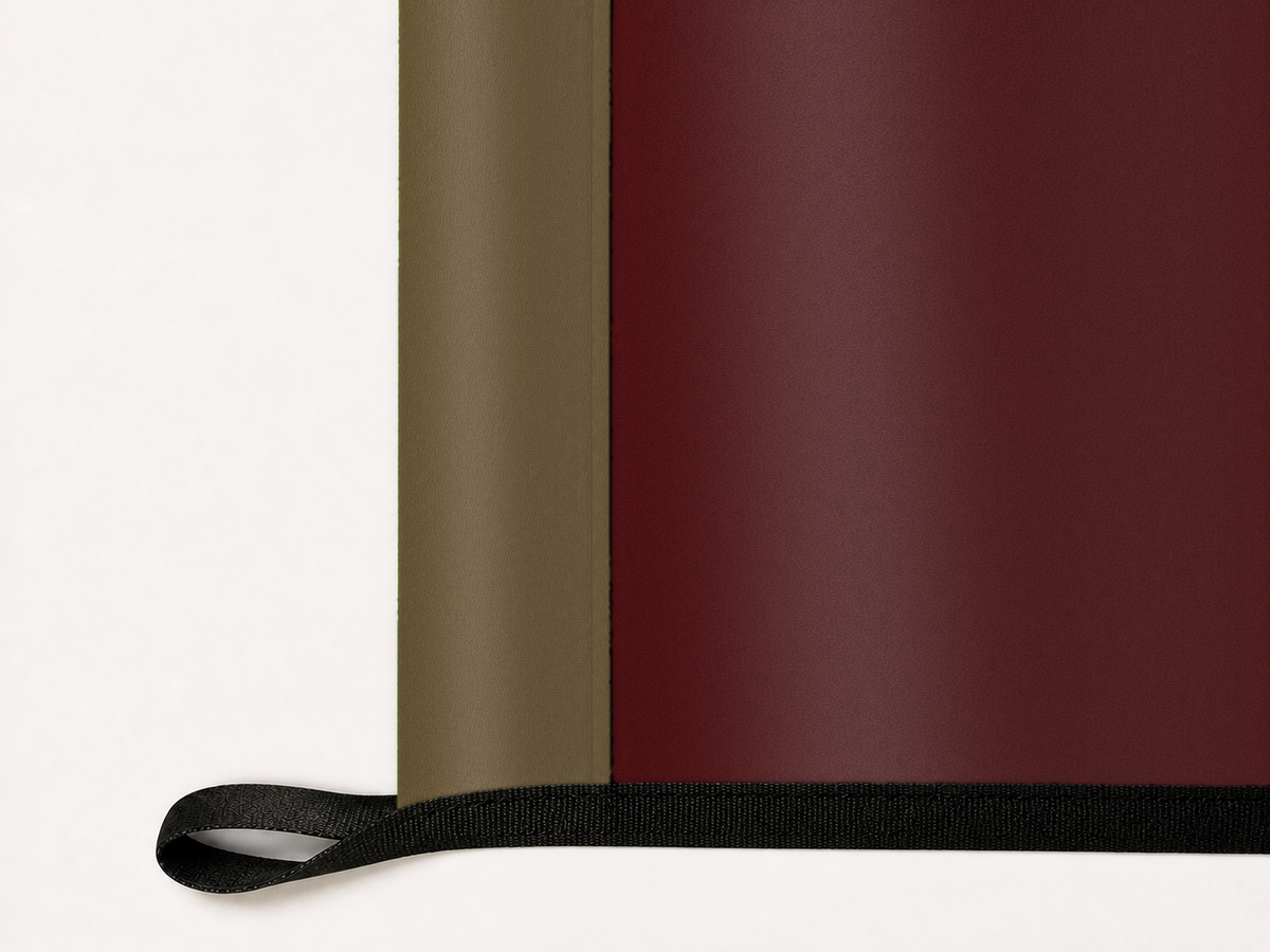 Texas State Bobcats Authentic Gameday Flag underside and personalization construction view — continuous restrained woven-satin Texas State Bobcats Accent header, textured Texas State Bobcats Primary face, lower black loop and perimeter webbing — source_sha256=f46591df0880fcbb75dca79d4ce9833e560a1322aadeef5880960d3cbe4b1ebb